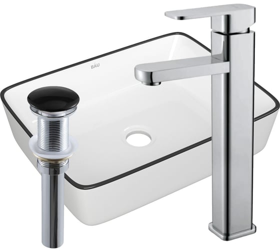 Изображение товара Раковина прямоугольная накладная со смесителем и выпуском Bauedge BAU Hotel (48x37, белая + смеситель Hotel Still, нер. сталь, выпуск клик-клак черный) BH1124