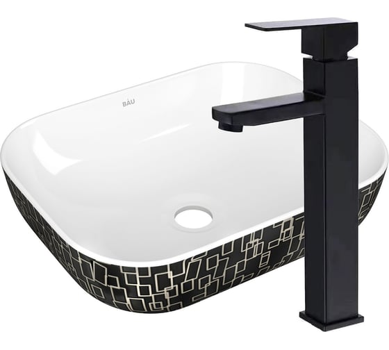 Изображение товара Раковина накладная прямоугольная со смесителем Bauedge BAU Stil (50x40, белая/черная с орнаментом + смеситель высокий Hotel Black, черный) BH1140