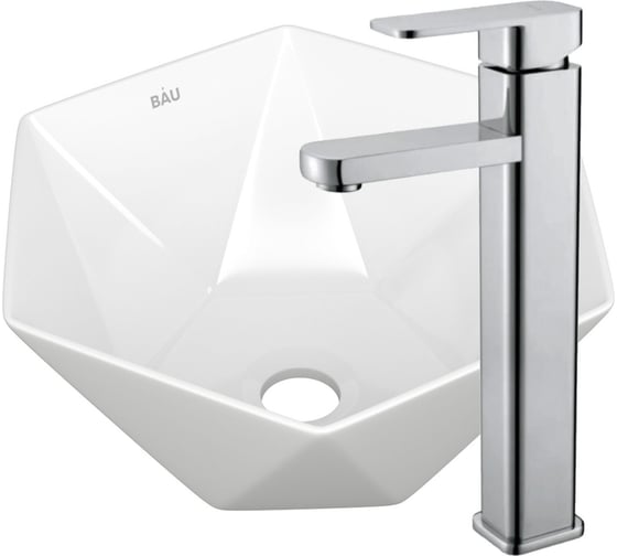 Изображение товара Раковина накладная на столешницу со смесителем Bauedge BAU Crystal (40x40, белая + смеситель Hotel Still, нержавеющая сталь) BH1189