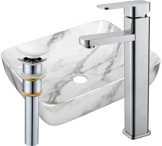 Изображение товара Раковина прямоугольная накладная со смесителем и выпуском Bauedge BAU Hotel (51x39, мрамор + смеситель Hotel Still, нер. сталь, выпуск клик-клак белый) BH1176