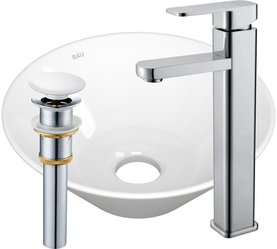 Изображение товара Раковина накладная на столешницу со смесителем и выпуском Bauedge BAU Dream (D43, белая + смеситель Hotel Still, нер. сталь, выпуск клик-клак белый) BH1156