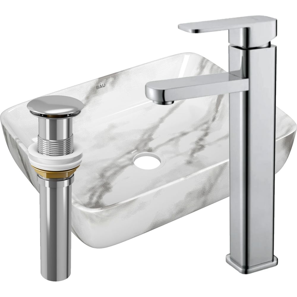 Изображение товара Раковина прямоугольная накладная со смесителем и выпуском Bauedge BAU Hotel