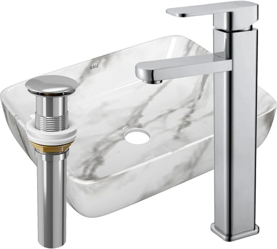 Изображение товара Раковина прямоугольная накладная со смесителем и выпуском Bauedge BAU Hotel (51x39, мрамор + смеситель Hotel Still, нер. сталь, выпуск клик-клак хром) BH1175
