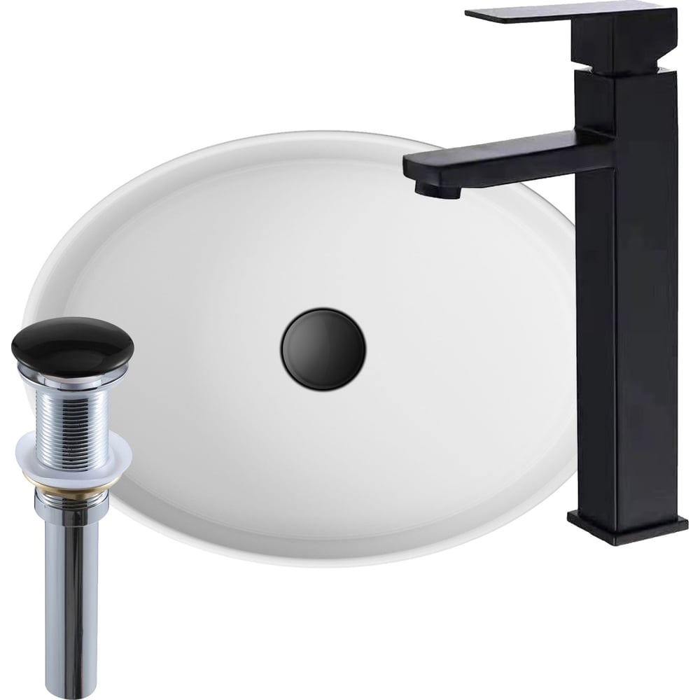 Изображение товара Раковина со смесителем и выпуском Bauedge (Умывальник на столешницу BAU Nimb овальный 50x36, белый, смеситель для раковины высокий Hotel Black, черный, выпуск клик клак, черный) BH1054