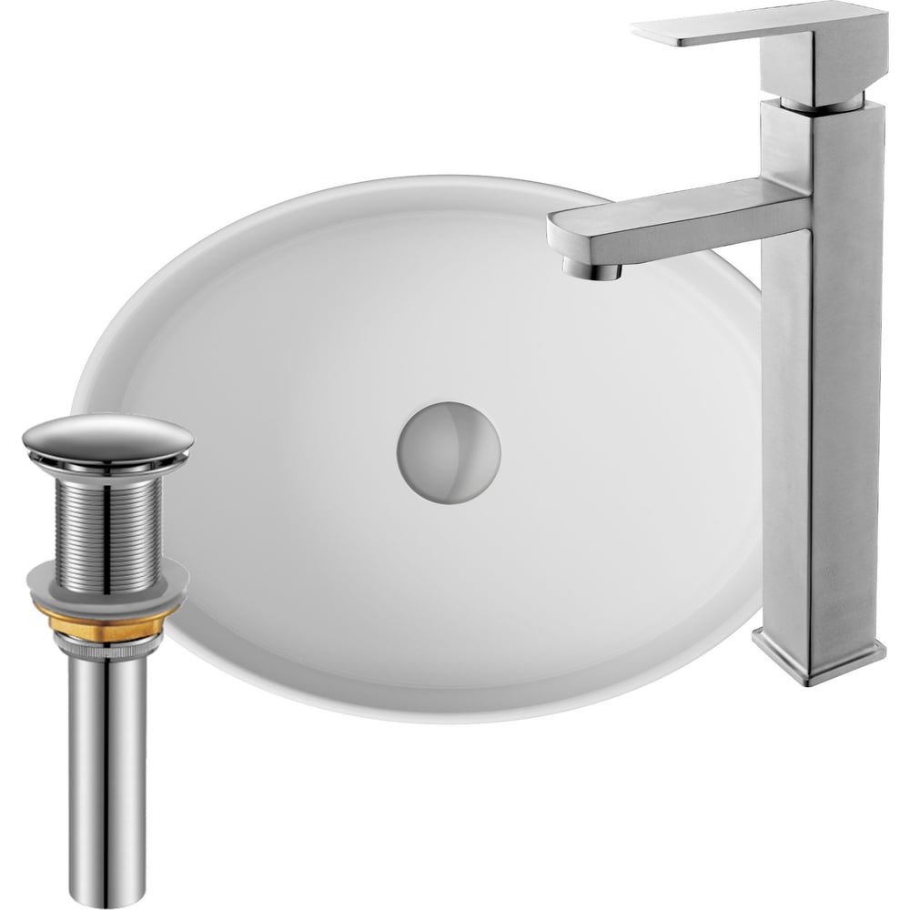 Изображение товара Раковина со смесителем и выпуском Bauedge (Умывальник на столешницу BAU Nimb овальный 50x36, белый, смеситель для раковины высокий Hotel Still, выпуск клик клак, хром) BH1055