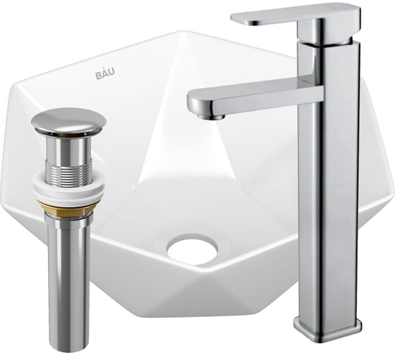 Изображение товара Раковина накладная на столешницу со смесителем и выпуском Bauedge BAU Crystal (40x40, белая + смеситель Hotel Still, нер. сталь, выпуск клик-клак хром) BH1195