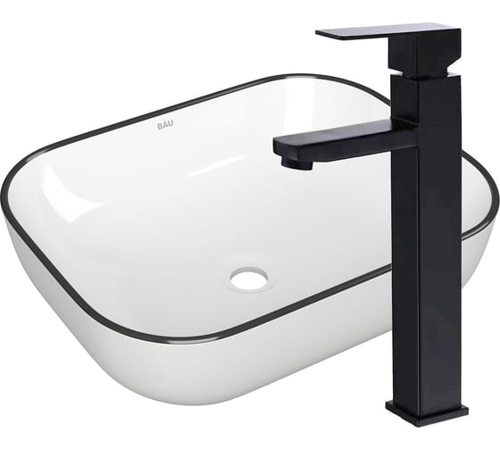Изображение товара Раковина накладная прямоугольная со смесителем Bauedge BAU Stil (50x40, белая, черный кант + смеситель высокий Hotel Black, черный) BH1130