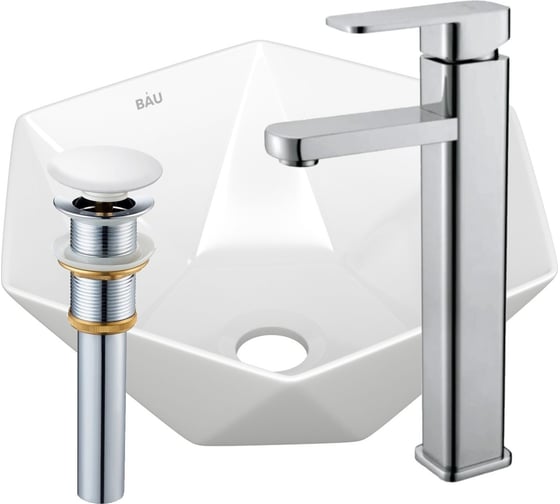 Изображение товара Раковина накладная на столешницу со смесителем и выпуском Bauedge BAU Crystal (40x40, белая + смеситель Hotel Still, нер. сталь, выпуск клик-клак белый) BH1196