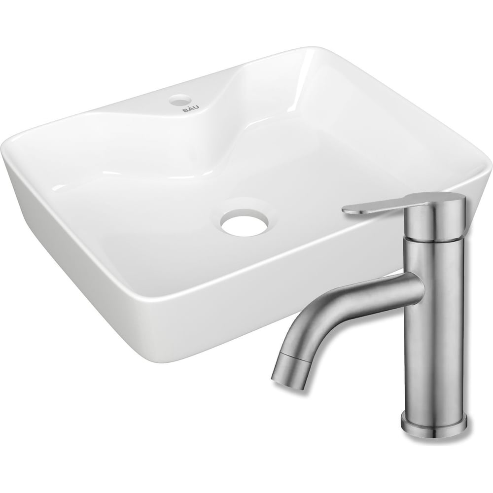 Изображение товара Раковина прямоугольная накладная Bauedge BAU Cerama 48x37 белая + смеситель Dream