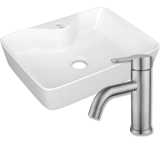 Изображение товара Раковина прямоугольная накладная Bauedge BAU Cerama 48x37, белая + смеситель Dream, нержавеющая сталь BH1235