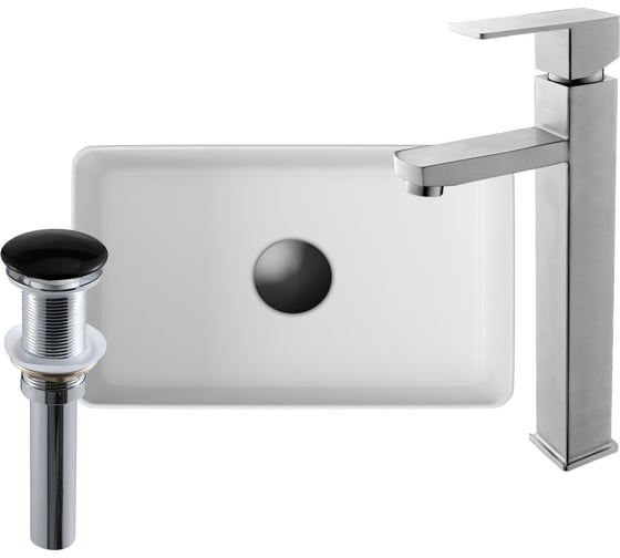 Изображение товара Раковина прямоугольная накладная со смесителем и выпуском Bauedge BAU Hotel mini (37x23, белая + смеситель Hotel Still, нер. сталь, выпуск клик-клак черный) BH1084