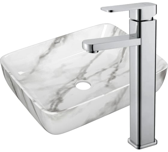 Изображение товара Раковина накладная прямоугольная со смесителем Bauedge BAU Stil Hotel (51x39, мрамор + смеситель Hotel Still, нержавеющая сталь) BH1169