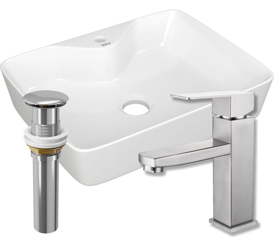 Изображение товара Раковина для ванной накладная прямоугольная Bauedge BAU 48x37, с отв. под смеситель, белая + смеситель Hotel Still и выпуск клик-клак хром BH1241