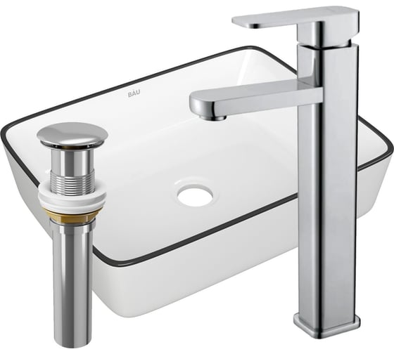 Изображение товара Раковина прямоугольная накладная со смесителем и выпуском Bauedge BAU Hotel (48x37, белая + смеситель Hotel Still, нер. сталь, выпуск клик-клак хром) BH1125