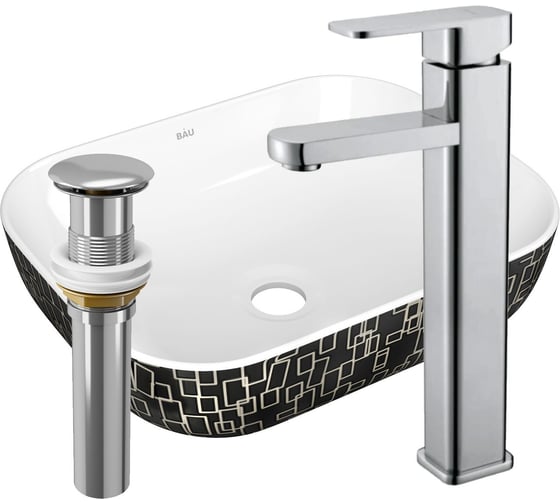 Изображение товара Раковина прямоугольная накладная со смесителем и выпуском Bauedge BAU Stil (50x40, белая/черная + смеситель Hotel Still, нер. сталь, выпуск клик-клак хром) BH1145