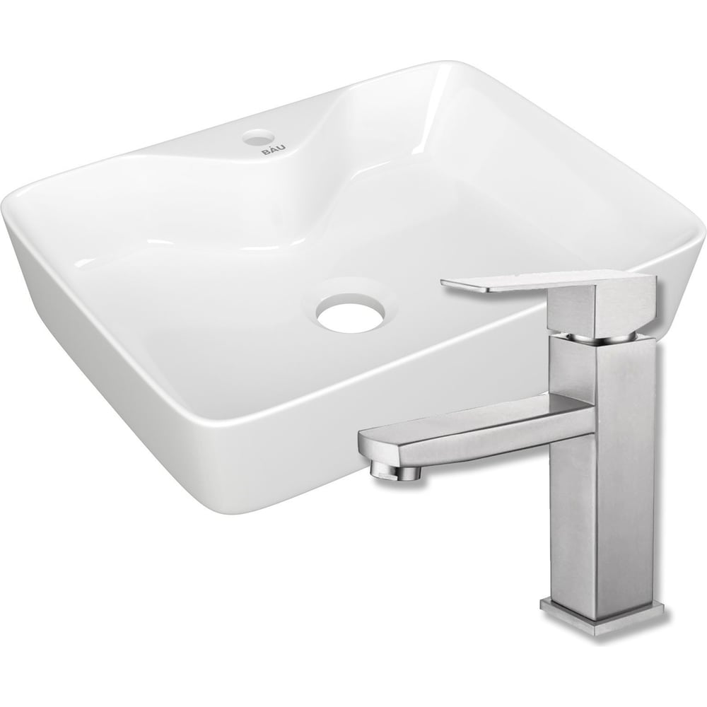 Изображение товара Раковина прямоугольная накладная Bauedge BAU Cerama 48x37 + смеситель Hotel Still