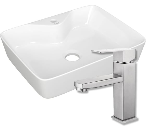 Изображение товара Раковина прямоугольная накладная Bauedge BAU Cerama 48x37, с отверстием под смеситель, белая + смеситель Hotel Still, нержавеющая сталь BH1233