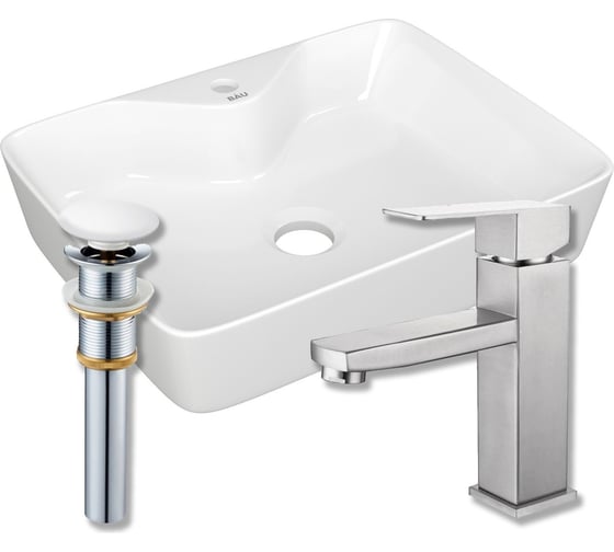 Изображение товара Раковина прямоугольная накладная со смесителем и выпуском Bauedge BAU (48x37, смеситель Hotel Still, клик-клак белый) BH1242