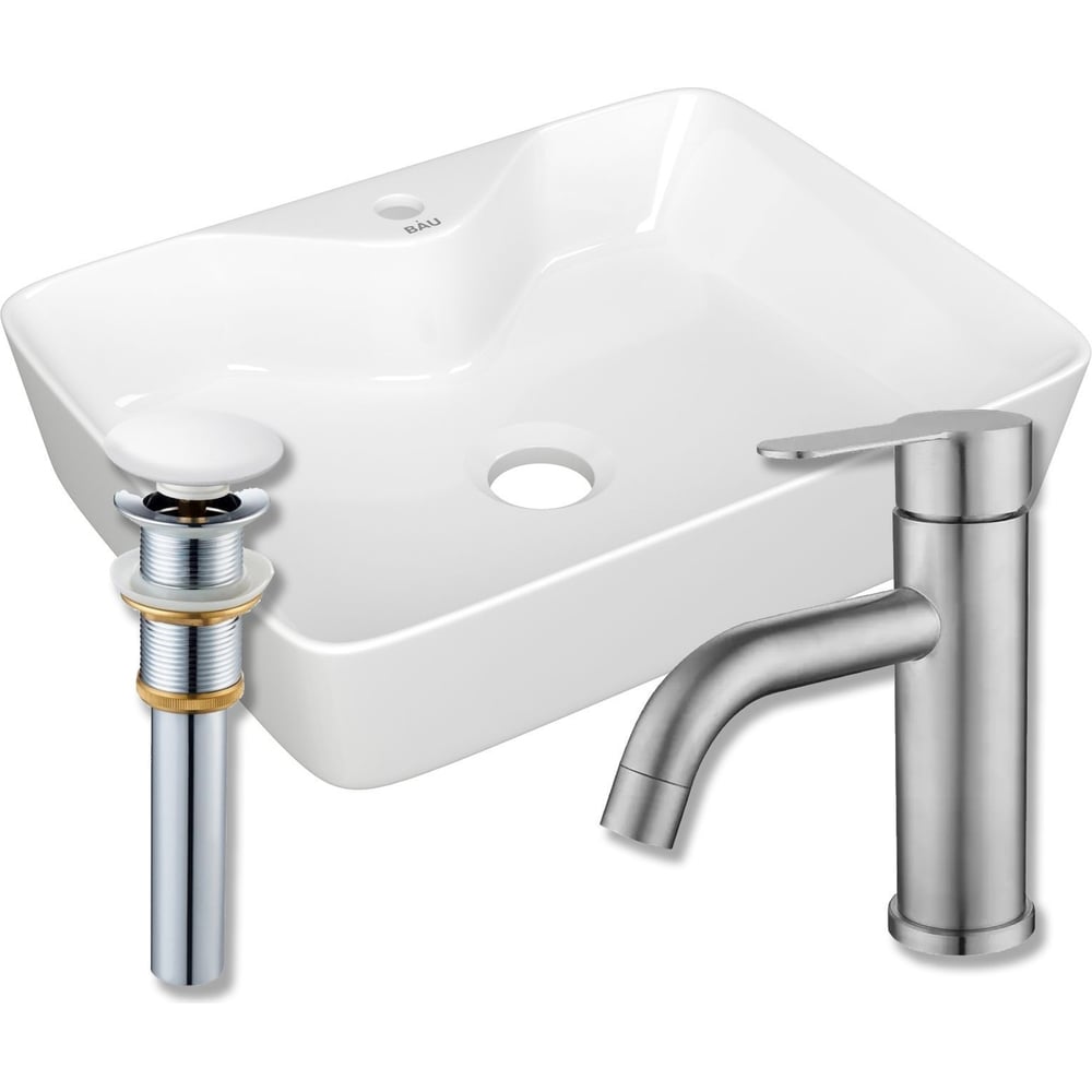 Изображение товара Раковина прямоугольная накладная Bauedge BAU 48x37 с комплектом смесителя Dream, белая