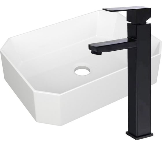 Изображение товара Раковина накладная на столешницу Bauedge BAU Hotel прямоугольная 51x37, белая, смеситель для раковины высокий Hotel Black, черный YBD2430