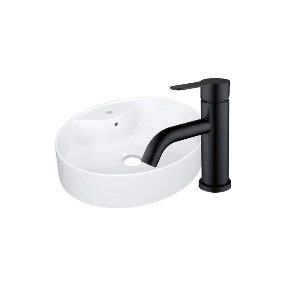 Изображение товара Раковина накладная со смесителем Bauedge BAU Nimb (51x41, с отверстием, белая + смеситель Dream Black, черный) YBD2477