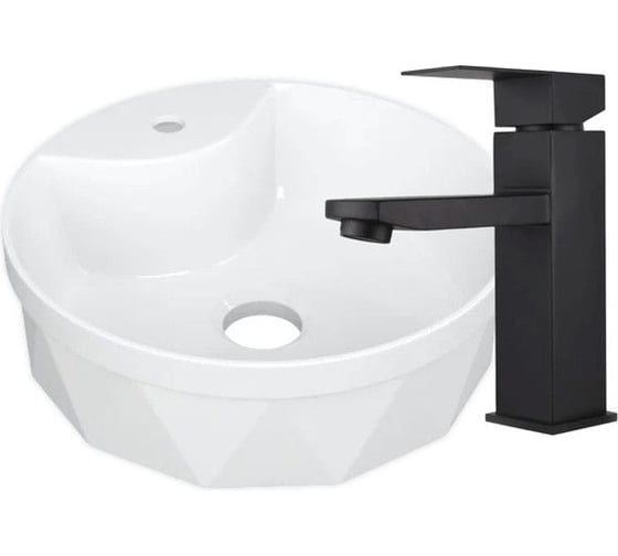 Изображение товара Раковина накладная со смесителем Bauedge BAU Element Cristal (D40, с отверстием, белая + смеситель Hotel Black, черный) YBD2460