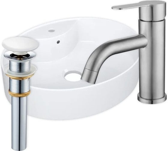 Изображение товара Раковина накладная со смесителем и выпуском Bauedge BAU Nimb (51x41, с отверстием, белая + смеситель Dream, выпуск клик-клак белый) YBD2487