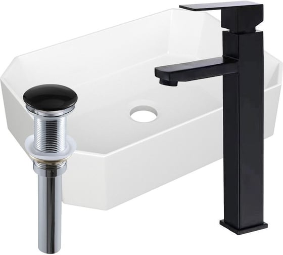 Изображение товара Раковина накладная на столешницу Bauedge BAU Hotel прямоугольная 51x37, белая, смеситель для раковины высокий Hotel Black, черный, выпуск клик клак, черный YBD2432