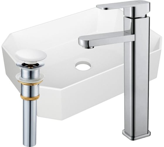 Изображение товара Раковина накладная на столешницу Bauedge BAU Hotel прямоугольная 51x37, белая, смеситель для раковины высокий Hotel Still, выпуск клик клак, белый YBD2434