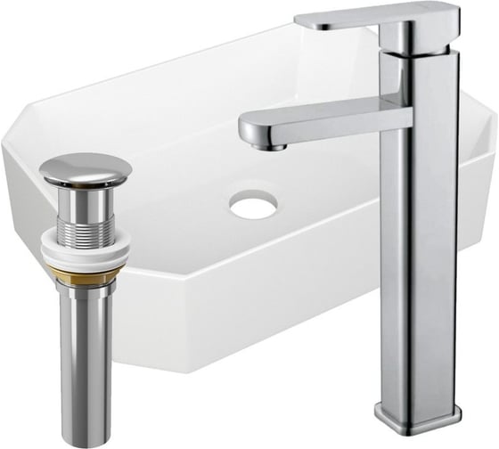 Изображение товара Раковина накладная на столешницу Bauedge BAU Hotel прямоугольная 51x37, белая, смеситель для раковины высокий Hotel Still, выпуск клик клак, хром YBD2433