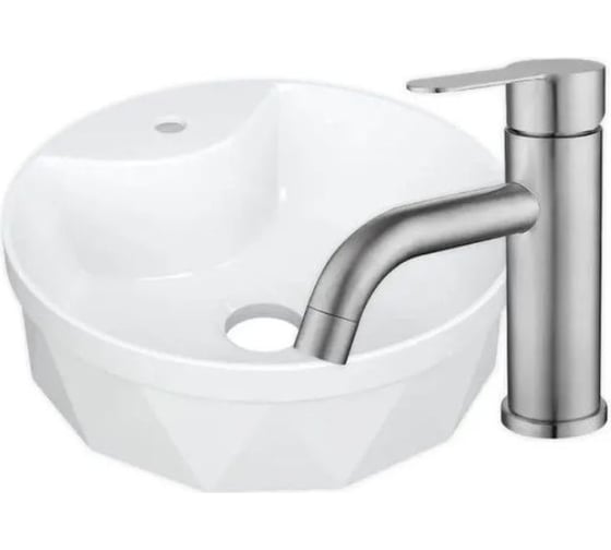 Изображение товара Раковина накладная со смесителем Bauedge BAU Element Cristal (D40, с отверстием, белая + смеситель Dream, нержавеющая сталь) YBD2461