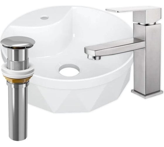 Изображение товара Раковина накладная со смесителем и выпуском Bauedge BAU Element Cristal (D40, с отверстием, белая + смеситель Hotel Still, выпуск клик-клак хром) YBD2467