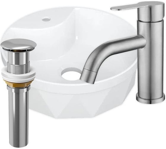 Изображение товара Раковина накладная со смесителем и выпуском Bauedge BAU Element Cristal (D40, с отверстием, белая + смеситель Dream, нерж. сталь, выпуск клик-клак) YBD2471