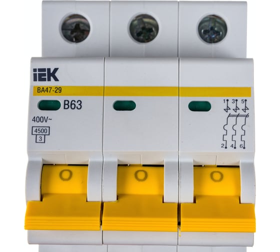 Изображение товара Автоматический модульный выключатель IEK, 3 полюса, B, 63А, ВА47-29, 4.5кА, ИЭК MVA20-3-063-B