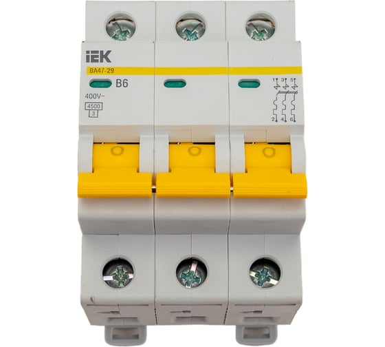 Изображение товара Автоматический модульный выключатель IEK, 3 полюса, B, 6А, ВА47-29, 4.5кА, ИЭК MVA20-3-006-B