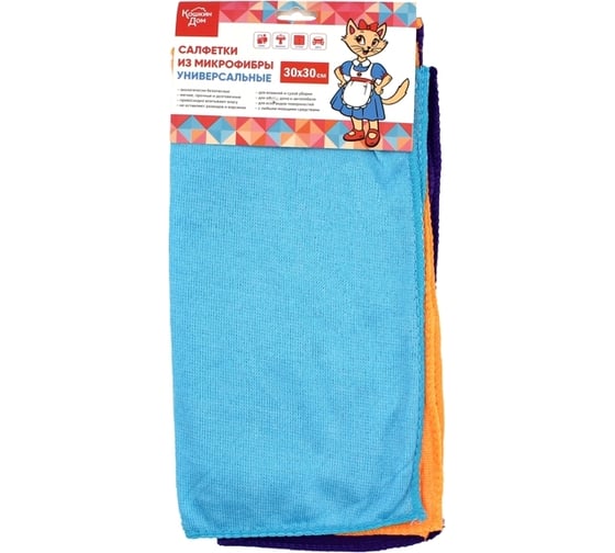 Изображение товара Набор салфеток из микрофибры Кошкин Дом универсальные 3 шт 30x30см 150г/м2 3 цвета 30-08-019