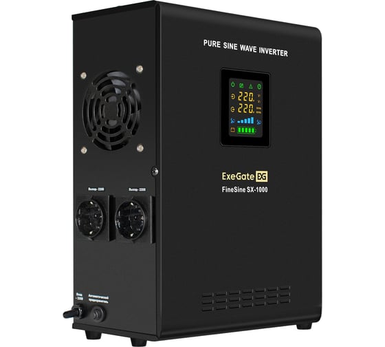 Изображение товара Настенный ИБП ExeGate инвертор синус для котла FineSine SX-1000 LCD AVR 2SH 1000VA/600W чистая синусоида цветной LCD-дисплей AVR 2 Schuko линейно-интерактивный внешняя батарея 12В до 200Ач Black 295997