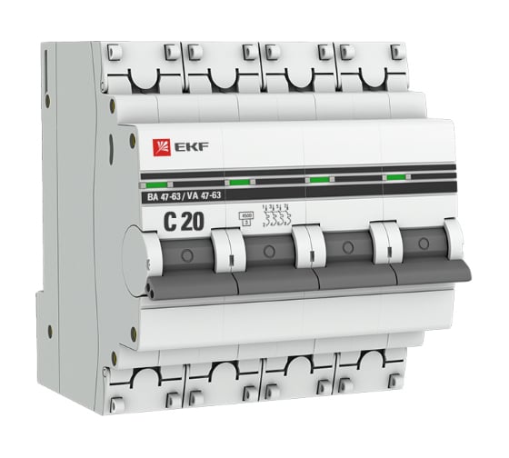 Изображение товара Автоматический выключатель EKF PROxima ВА 47-63 4P, 20А, 4,5kA mcb4763-4-20C-pro