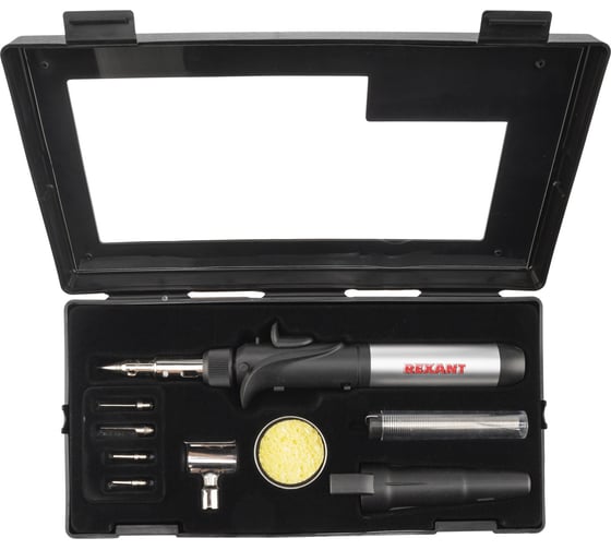 Изображение товара Газовый паяльник с пьезоподжигом REXANT 17 мл, 11 предметов 12-0505