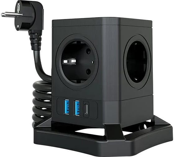 Изображение товара Сетевой фильтр QUMO Power Block System PD1 12SP5U P-0003, 5 розеток, 2500 Вт, 10A, кабель 2м 3*1 мм чистая медь, пожаробезопасный пластик, евровилка, 2 USB порта 2,4A + USB-C 30W 42087