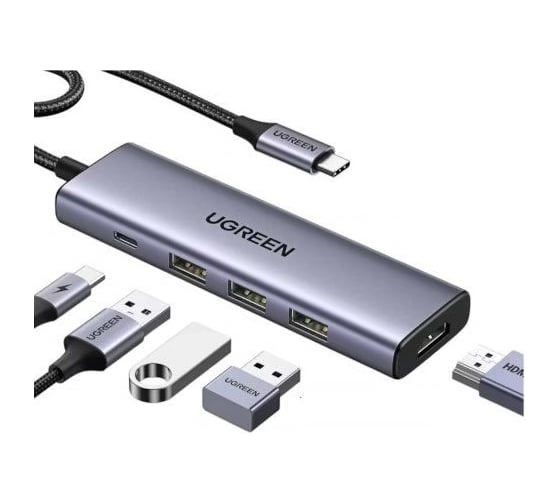 Изображение товара USB концентратор (хаб) Ugreen USB-C To HDMI 4K при 30 Гц , 3хUSB 3.0 A, PD Power Converter 100 Вт цвет серый космос 15596