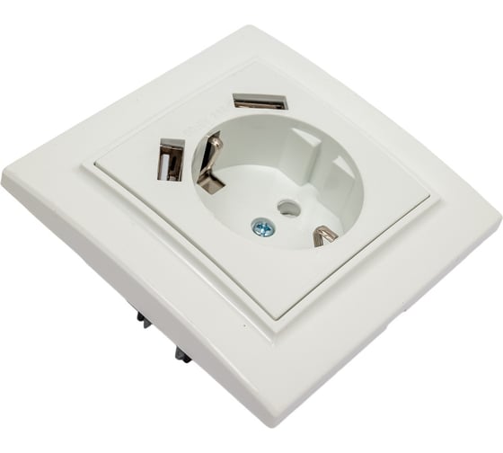 Изображение товара 1-местная розетка EKF Минск, СП, с/з, 16А, с защитными шторками, с 2 USB, 2.1А, белая ERR16-028-100-2USB