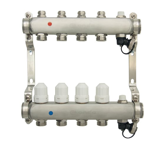 Изображение товара Коллекторная группа в сборе с термостатическими и запорными клапанами ONDO нерж сталь, 4 вых. OKGSP004