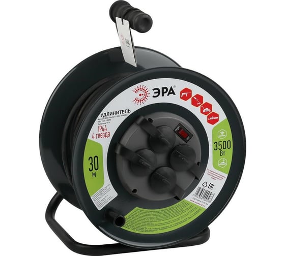 Изображение товара Силовой удлинитель ЭРА RMx-4es-3x1.5-30m-IP44(KG) на металлической катушке c заземлением 4 розетки 30м КГ 3х1.5мм2, Б0046844