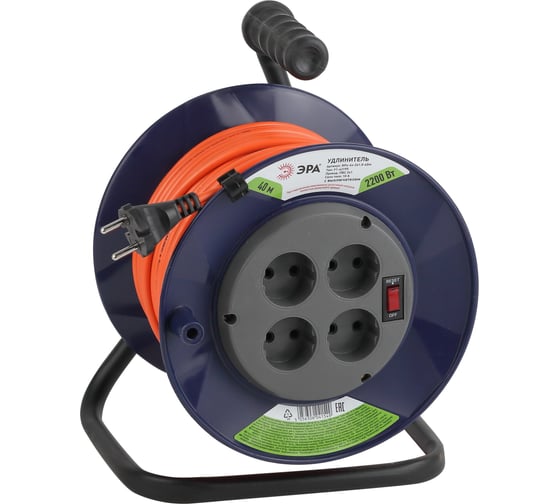 Изображение товара Силовой удлинитель ЭРА RPx-4s-2x1.0-40m на пластиковой катушке без заземления 4 розетки 40м ПВС 2х1мм2 Б0043051