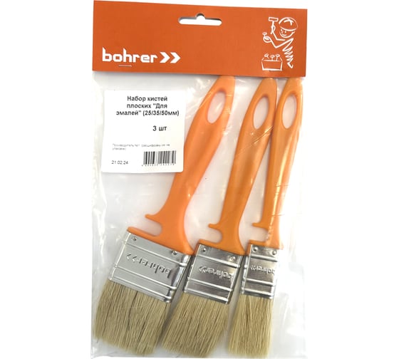 Изображение товара Набор кистей малярных плоских BOHRER "Для эмалей" 25, 35, 50 мм, пластиковая рукоятка, натуральная щетина, 3шт в уп., 81011123