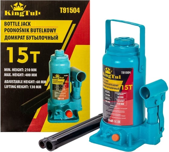 Изображение товара Домкрат бутылочный KingTul 15т с клапаном (h min 210мм, h max 400мм, ход штока-130мм, ход винта-60мм) KT-T91504(52686)
