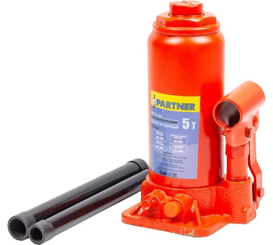 Изображение товара Домкрат бутылочный Partner 5т с клапаном h min 200мм, h max 385мм, ход штока-125мм, ход винта-60мм PA-T90504(52691)
