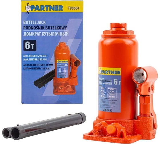 Изображение товара Домкрат бутылочный Partner 6т с клапаном h min 200мм, h max 385мм, ход штока-125мм, ход винта-60мм PA-T90604(52692)