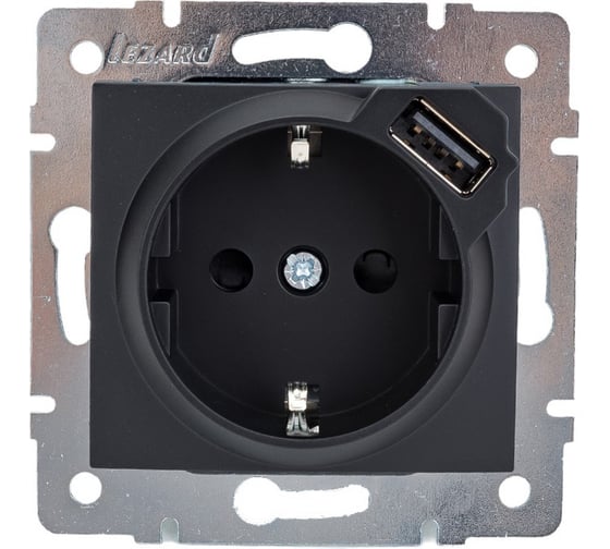 Изображение товара Розетка Lezard KARINA с заземлением + USB разъём, чёрный бархат 707-4288-181